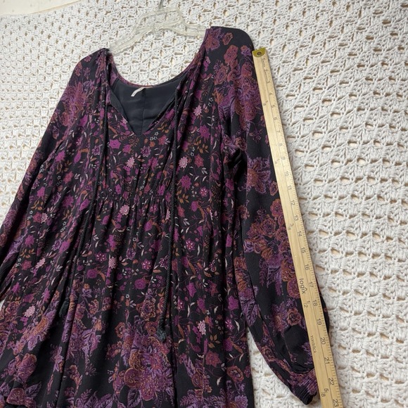 Free People Mini Tunic Dress Women Size XS Lucky Loosey Black Floral Tassel Tie - Picture 5 of 14